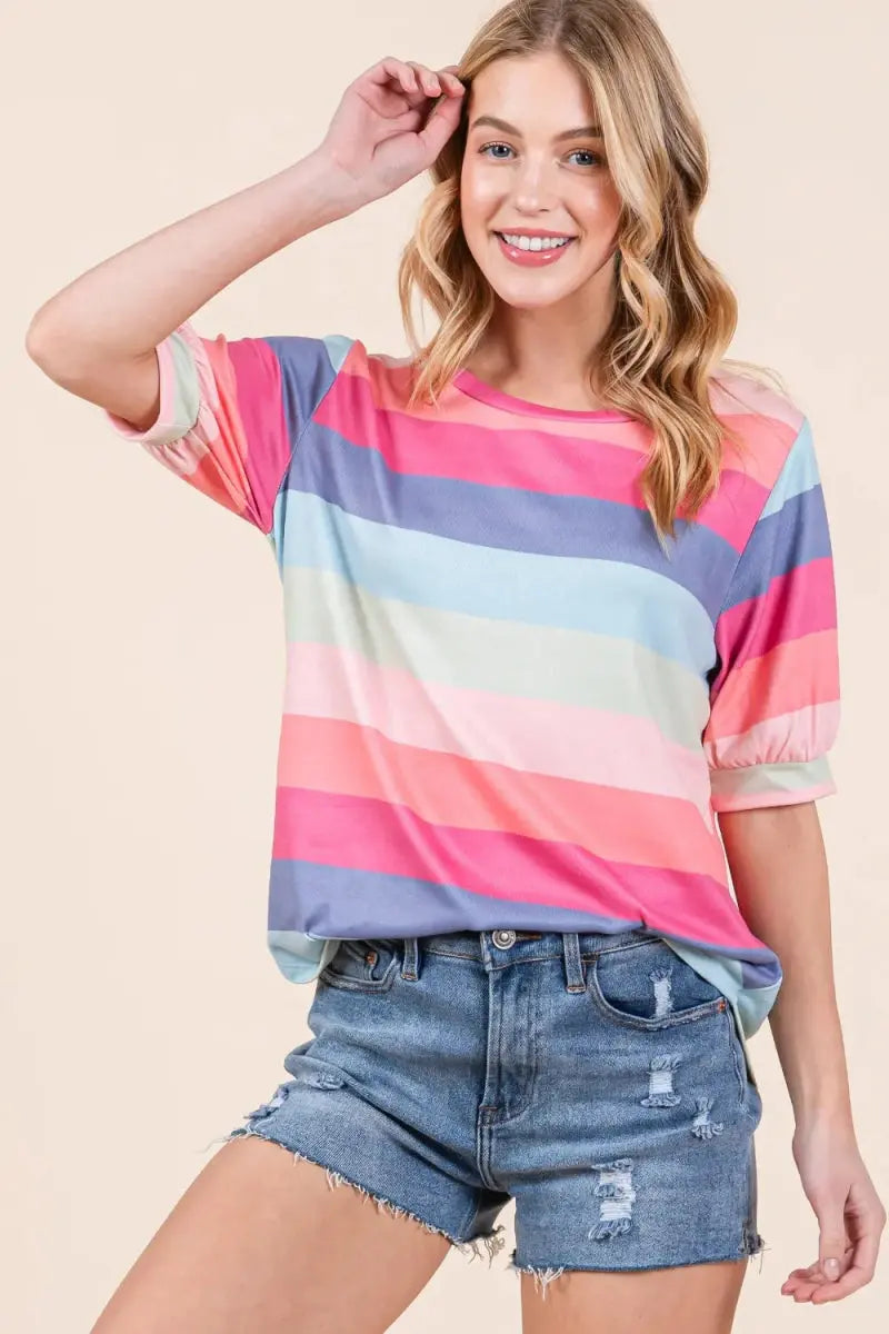 BOMBOM Striped Round Neck Half Sleeve T-Shirt for Women - Love Salve
